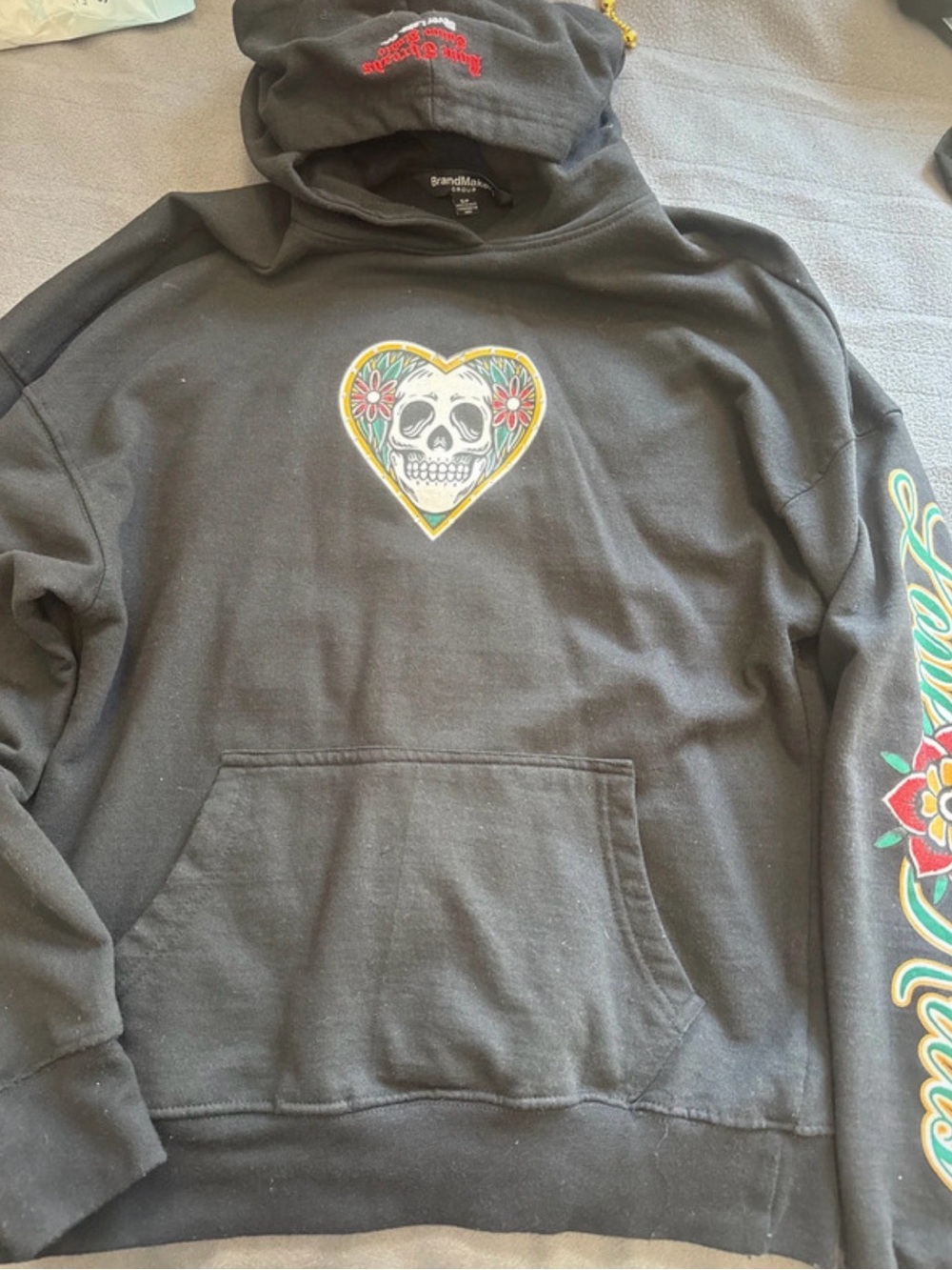 Ed Hardy Black Crewneck Hoodie with Colorful Skull Heart Graphic